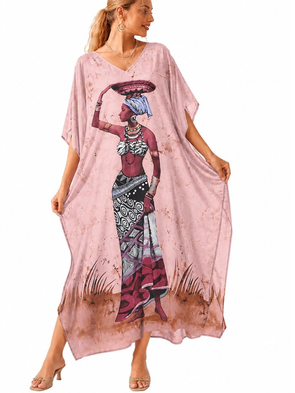 Dusty Pink Polyester Caftan Dress Plus Size Cover Up Maxi Dresses for Party Wear